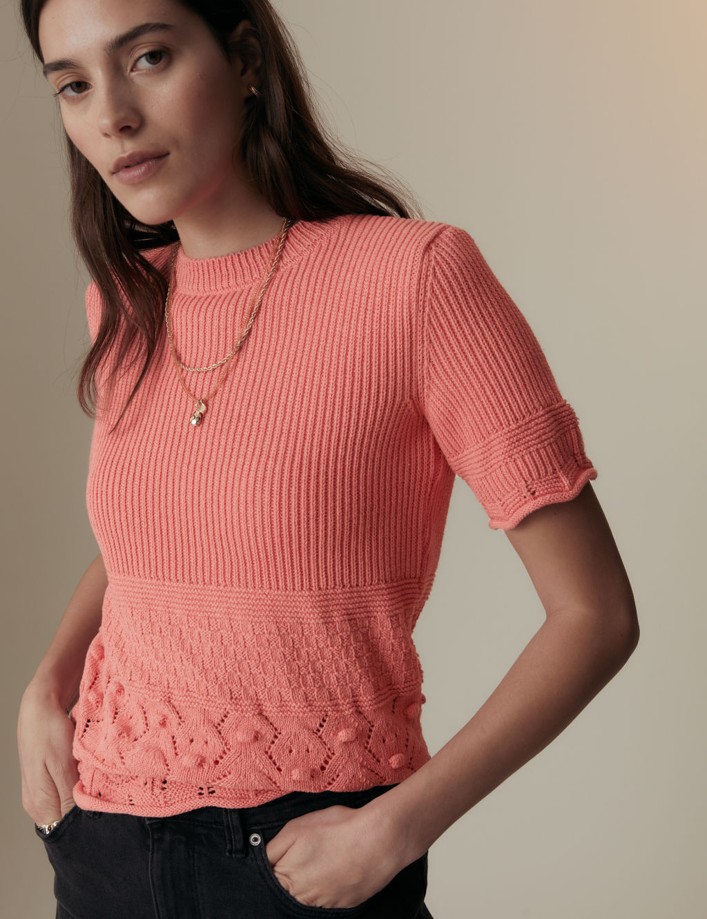 Cotton Blend Pointelle Knitted Top