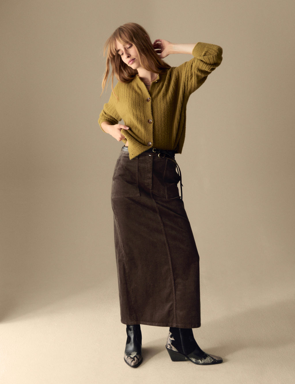 Cord Split Back Maxi A-Line Skirt