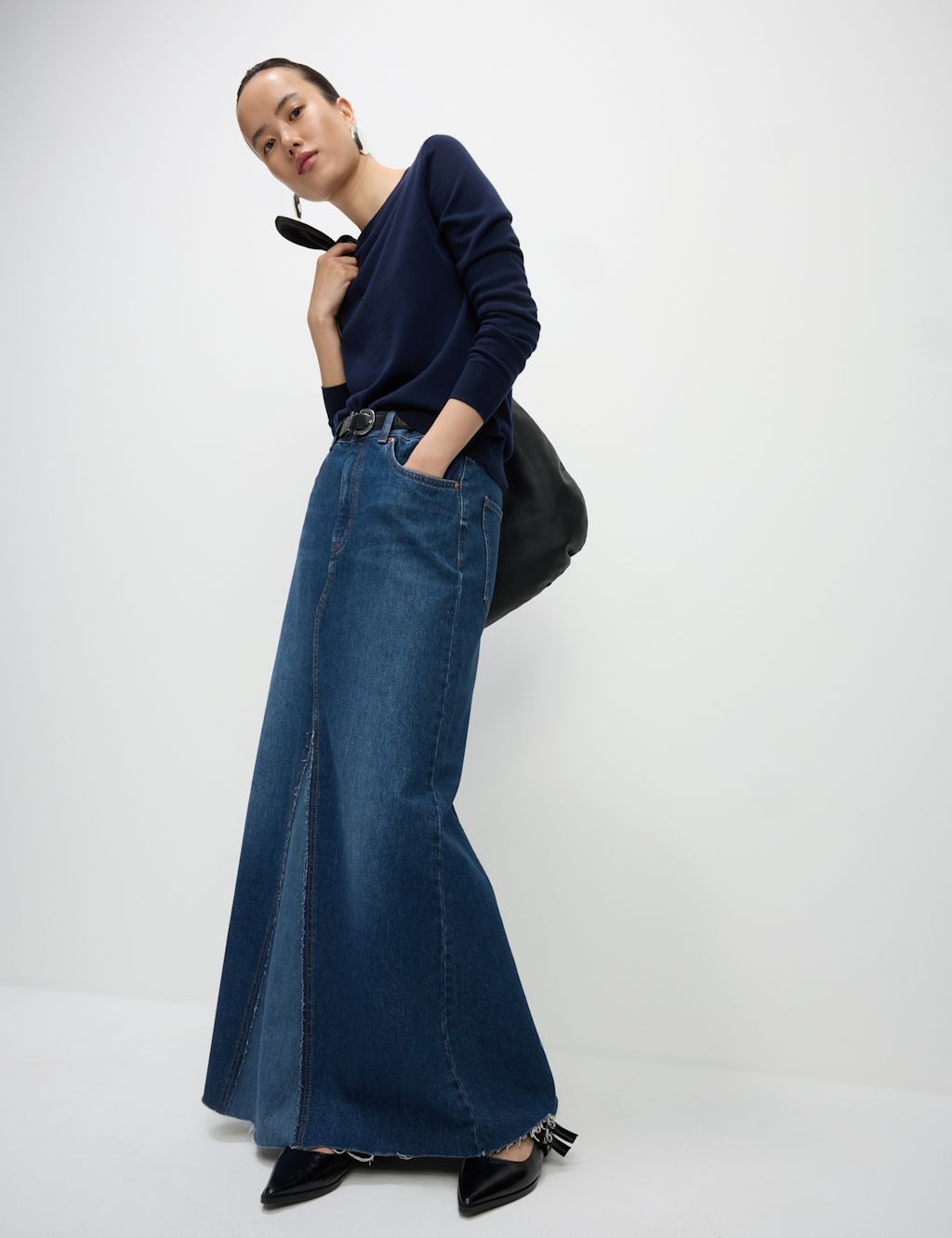 Pure Cotton Denim Maxi A-Line Skirt