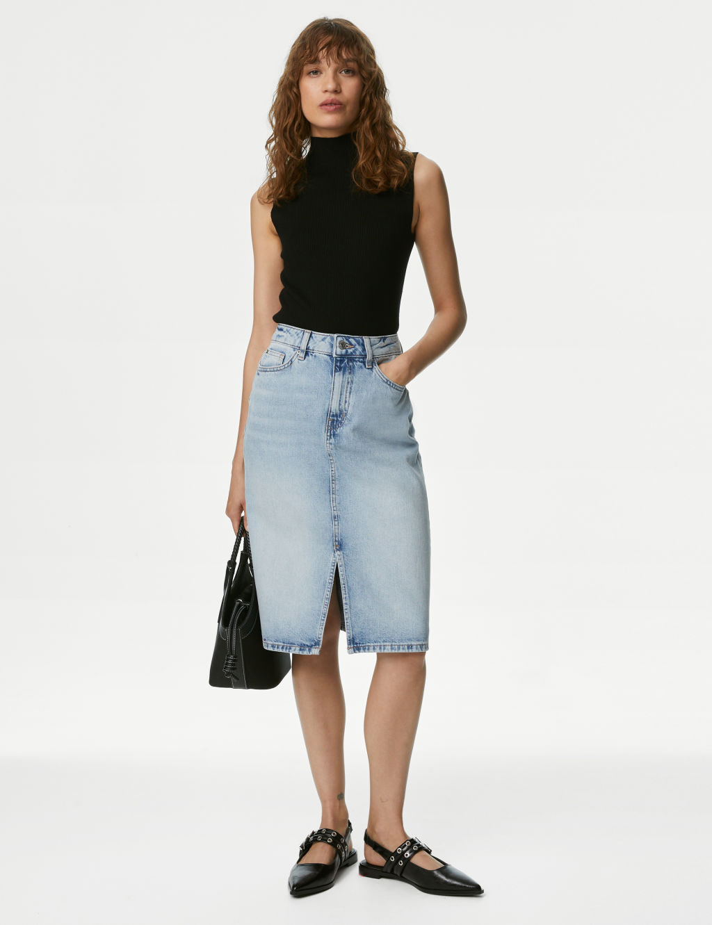 Denim Split Front Knee Length Skirt