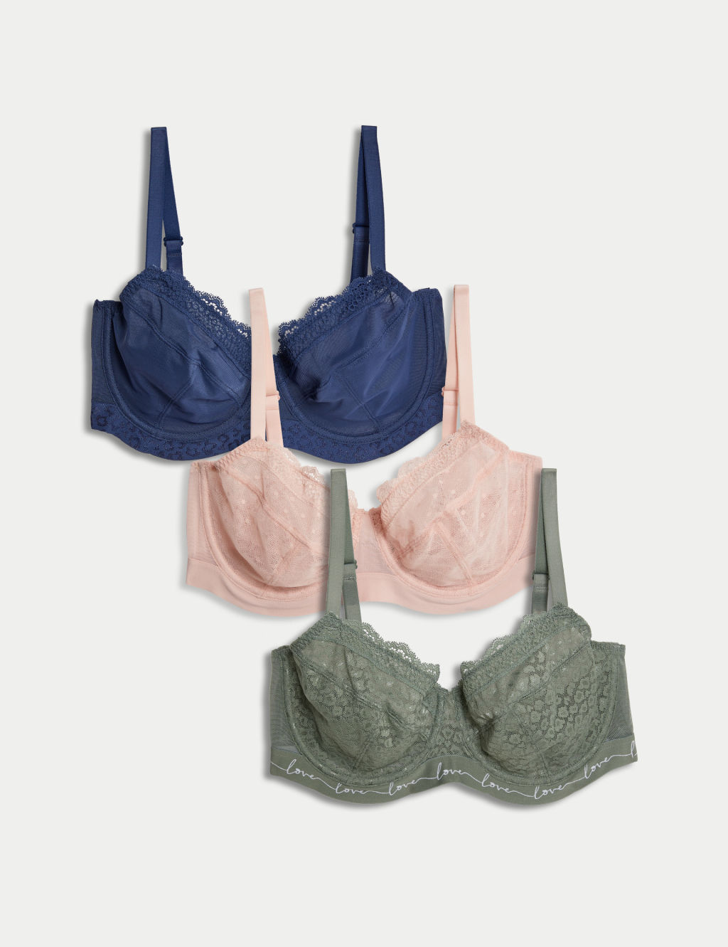 3pk Lace & Mesh Wired Balcony Bras A-E
