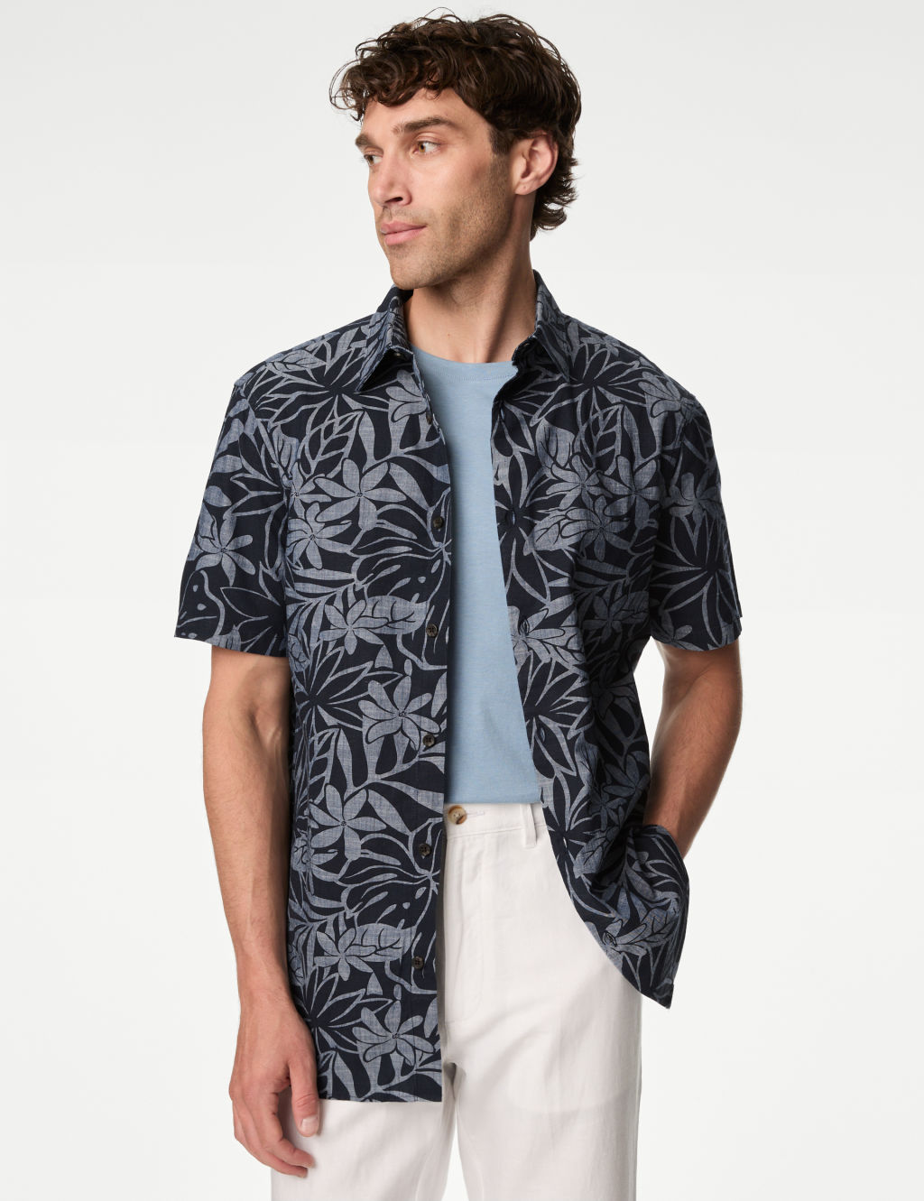Men's Brown Cuban Collar Solid Casual Cotton Shirt main image 1