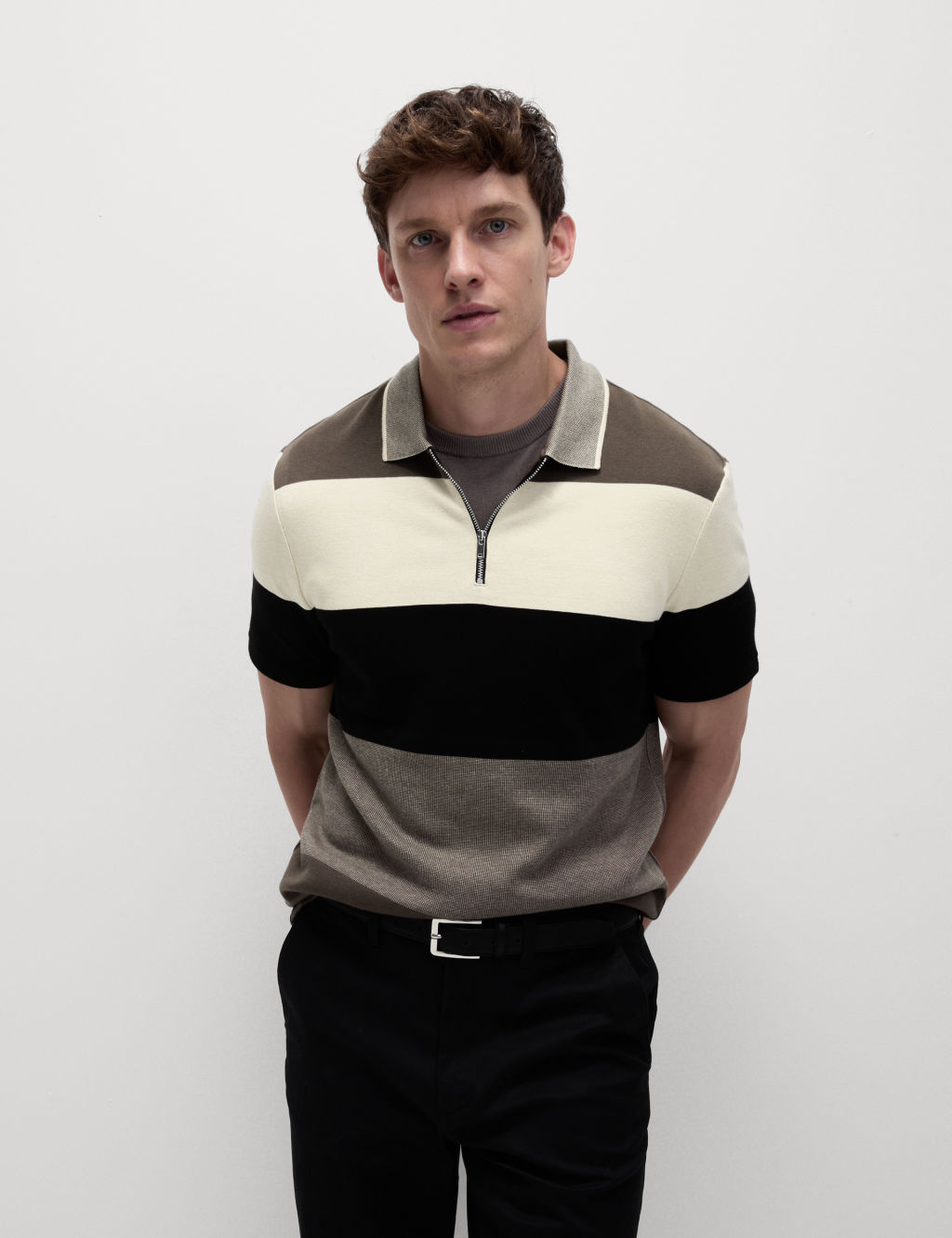 Pure Cotton Colour Block Half Zip Polo