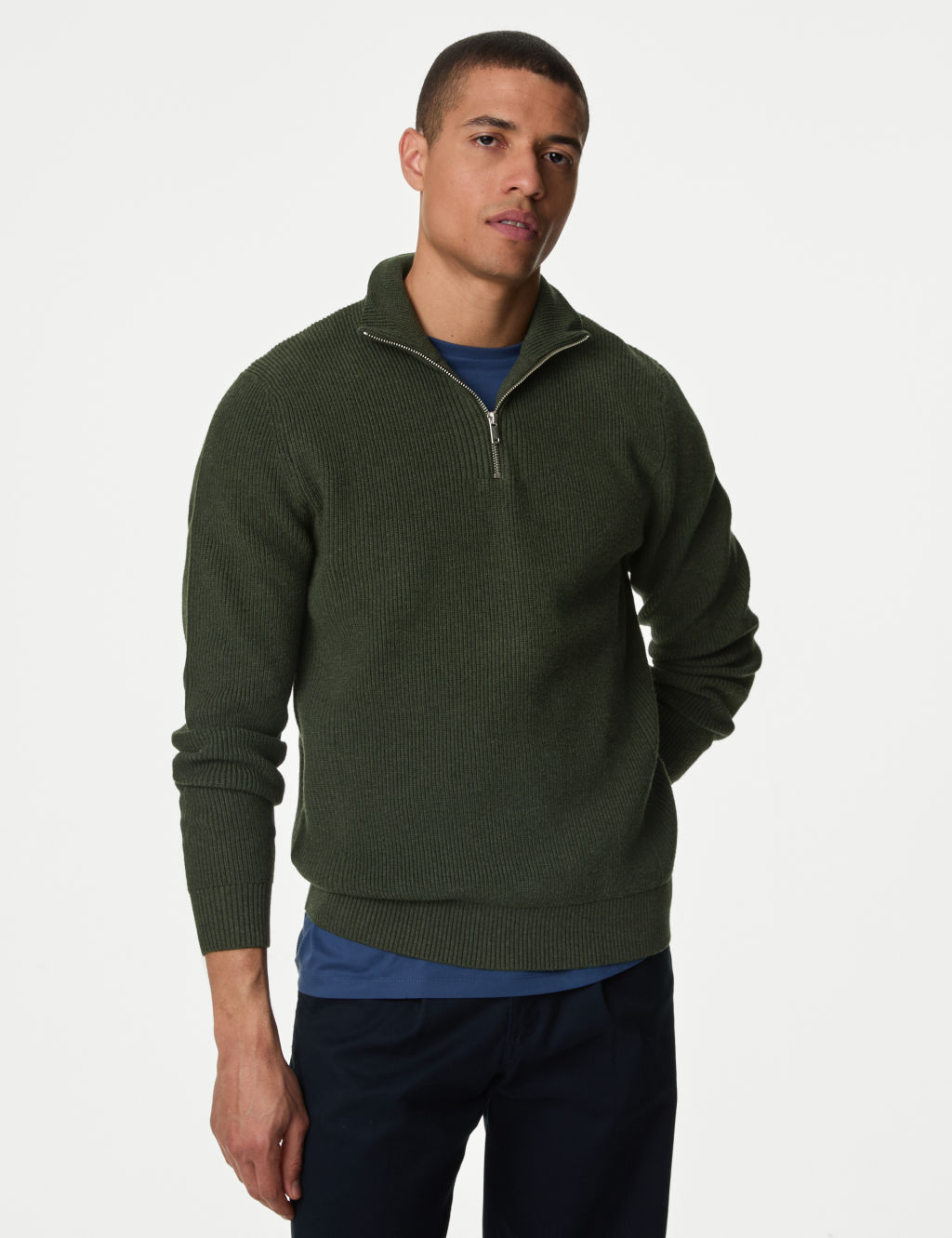 Cotton Blend Ribbed Funnel Neck Jumper