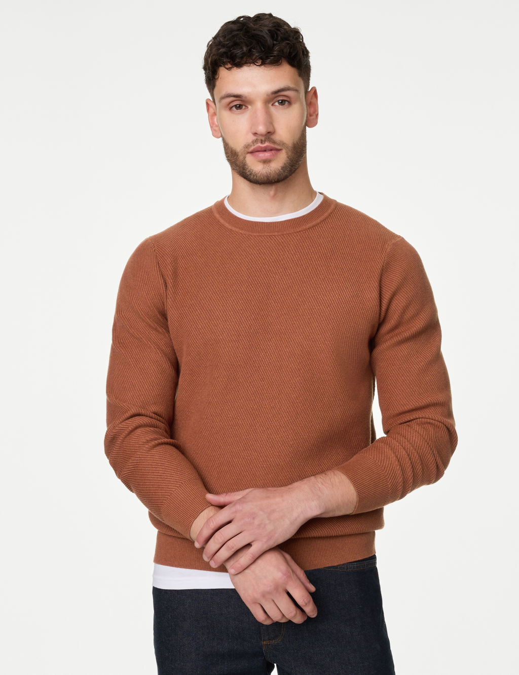 Cotton Blend Textured Crew Neck Jumper