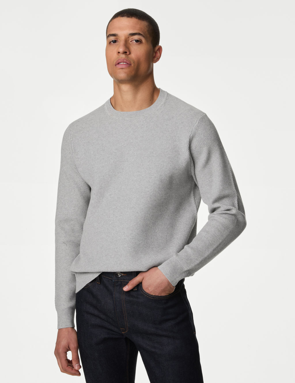 Cotton Blend Textured Crew Neck Jumper