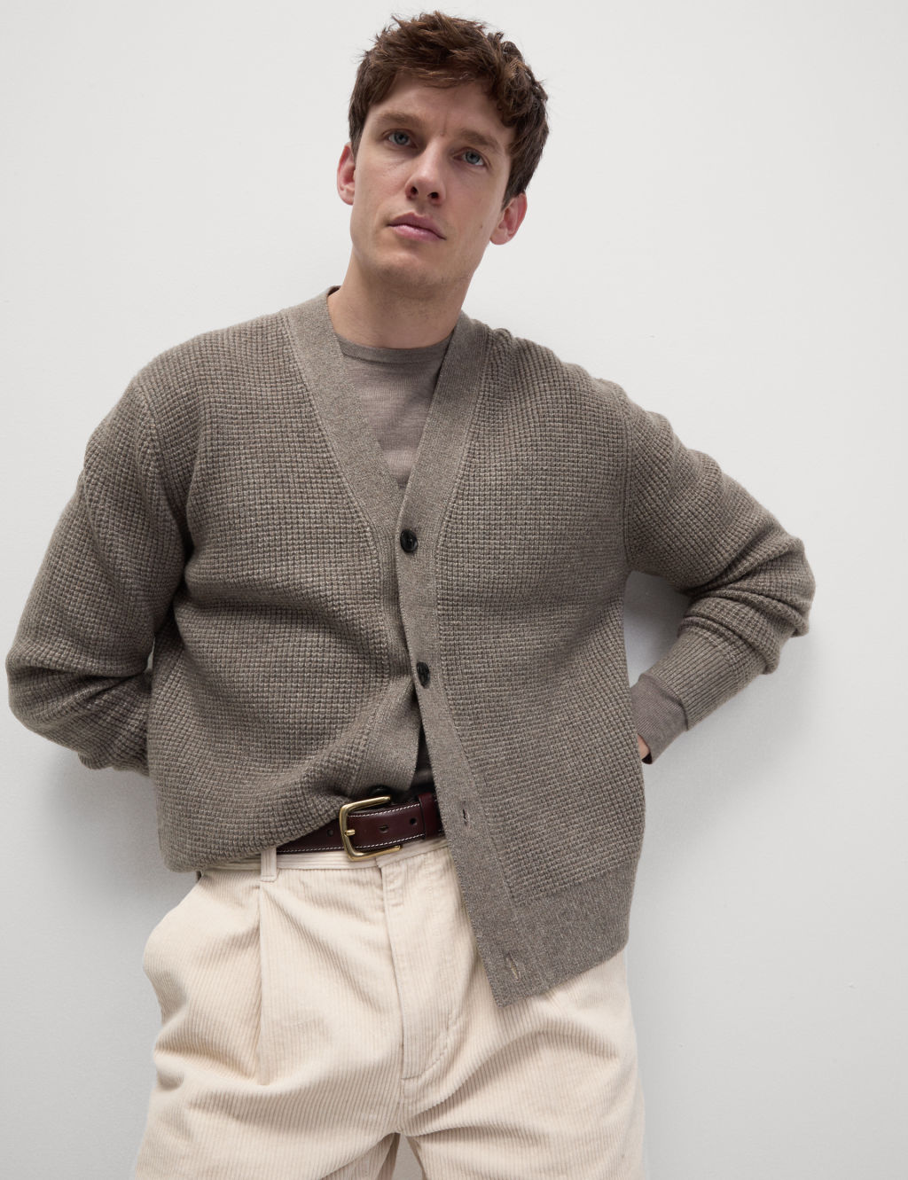 Textured V-Neck Cardigan with Wool
