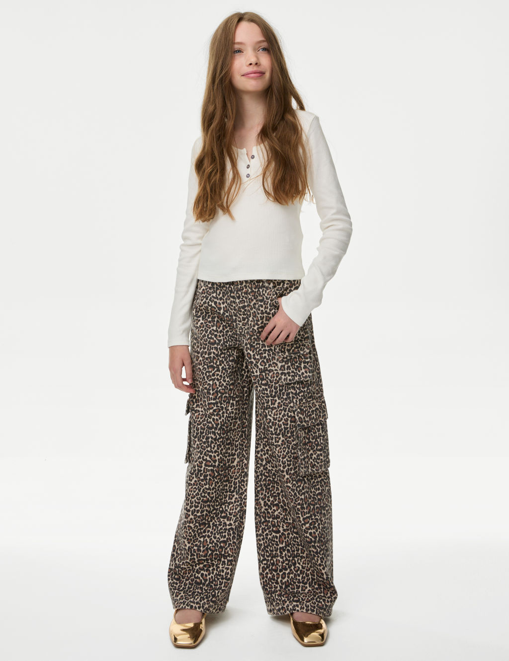 Pure Cotton Leopard Print Cargo Jeans (6-16 Yrs)
