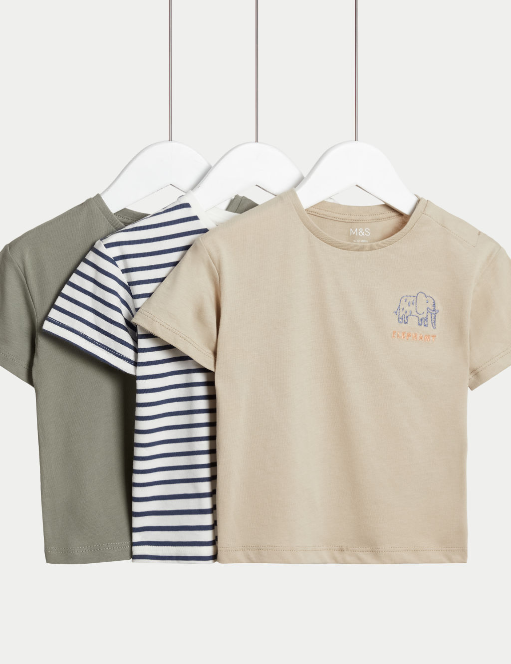 3pk Pure Cotton Striped & Elephant T-Shirts (0-3 Yrs) 1 of 1