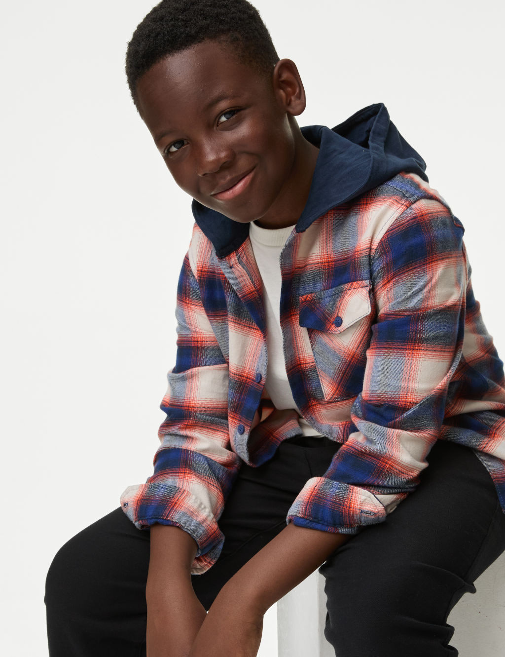 Pure Cotton Checked Hooded Shirt & T-Shirt Set (6-16 Yrs)