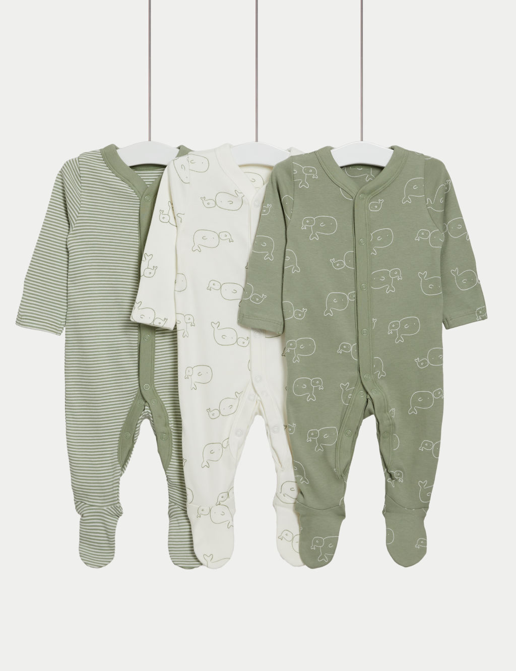 3pk Pure Cotton Whale & Striped Sleepsuits (5lbs-3 Yrs)