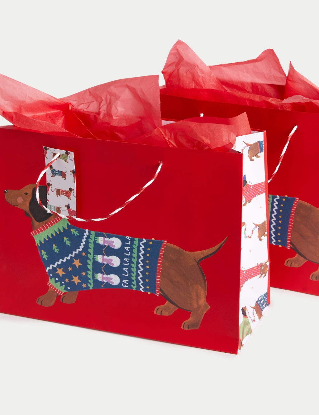 2 Sausage Dog Large Christmas Gift Bags & Tissue Paper Pack M&S
