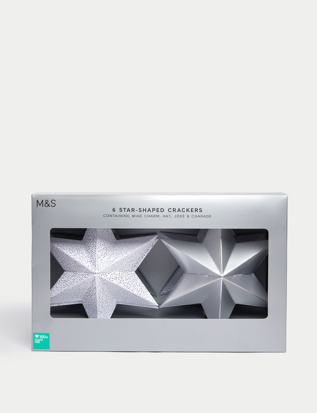 6 Star-Shaped Christmas Crackers - Silver & White Design