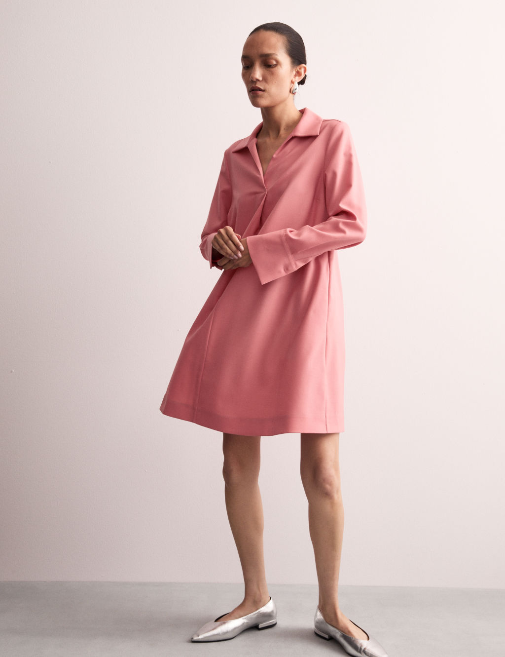 Wool Rich Collared V-Neck Mini Shirt Dress