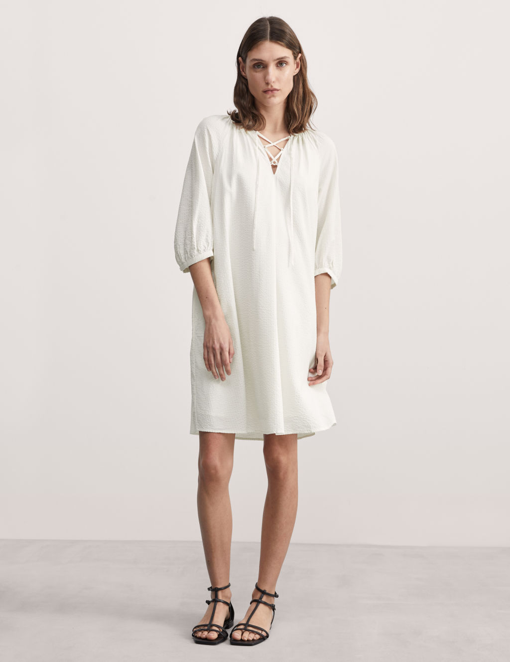 Cotton Blend Tie Neck Relaxed Shift Dress