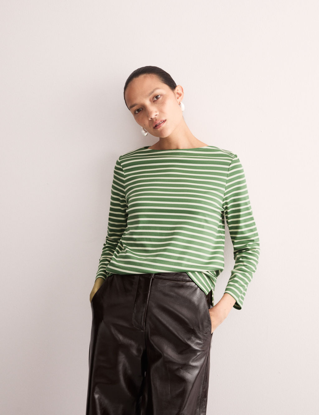 Pure Mercerised Cotton Striped Boat Neck Top