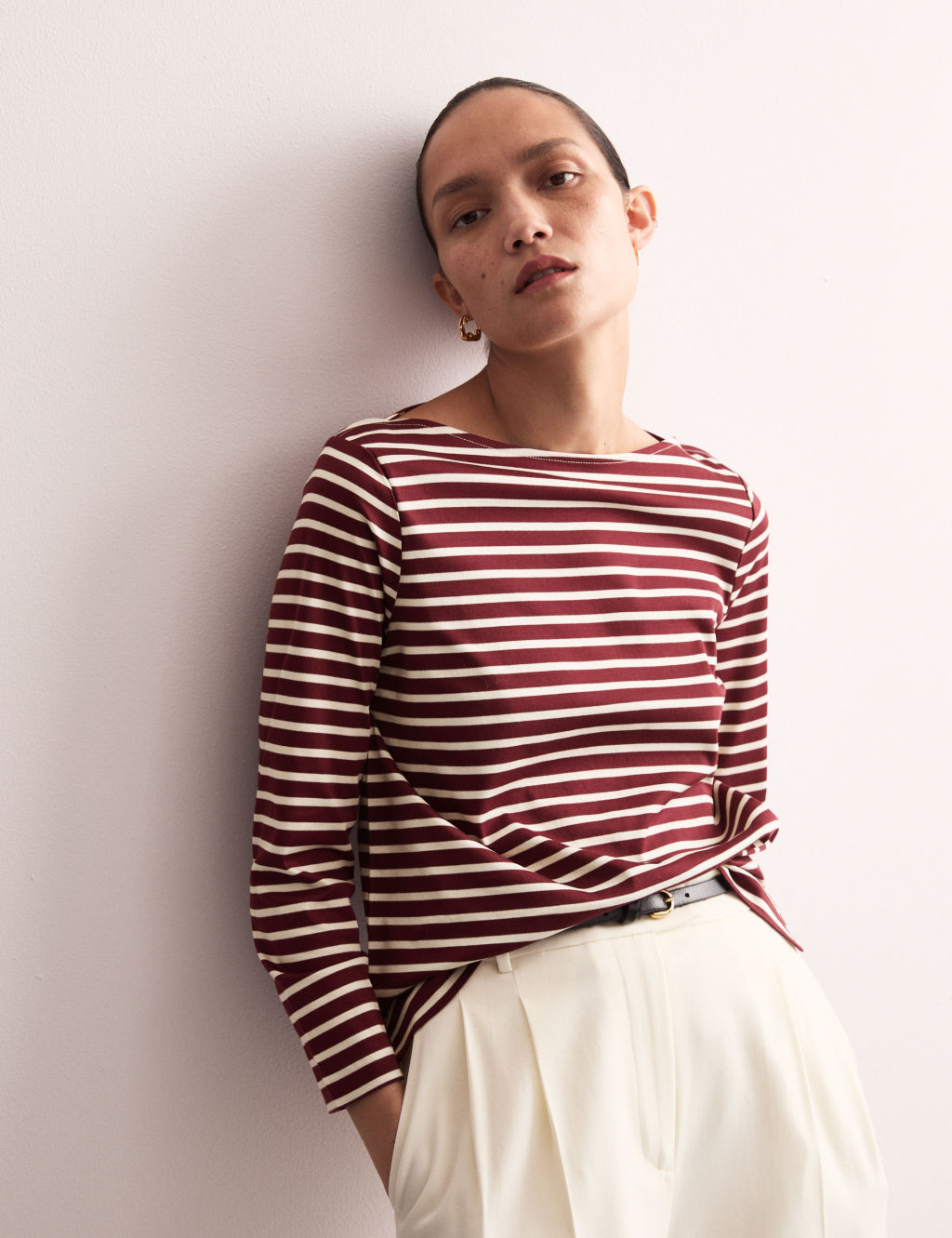 Pure Mercerised Cotton Striped Boat Neck Top