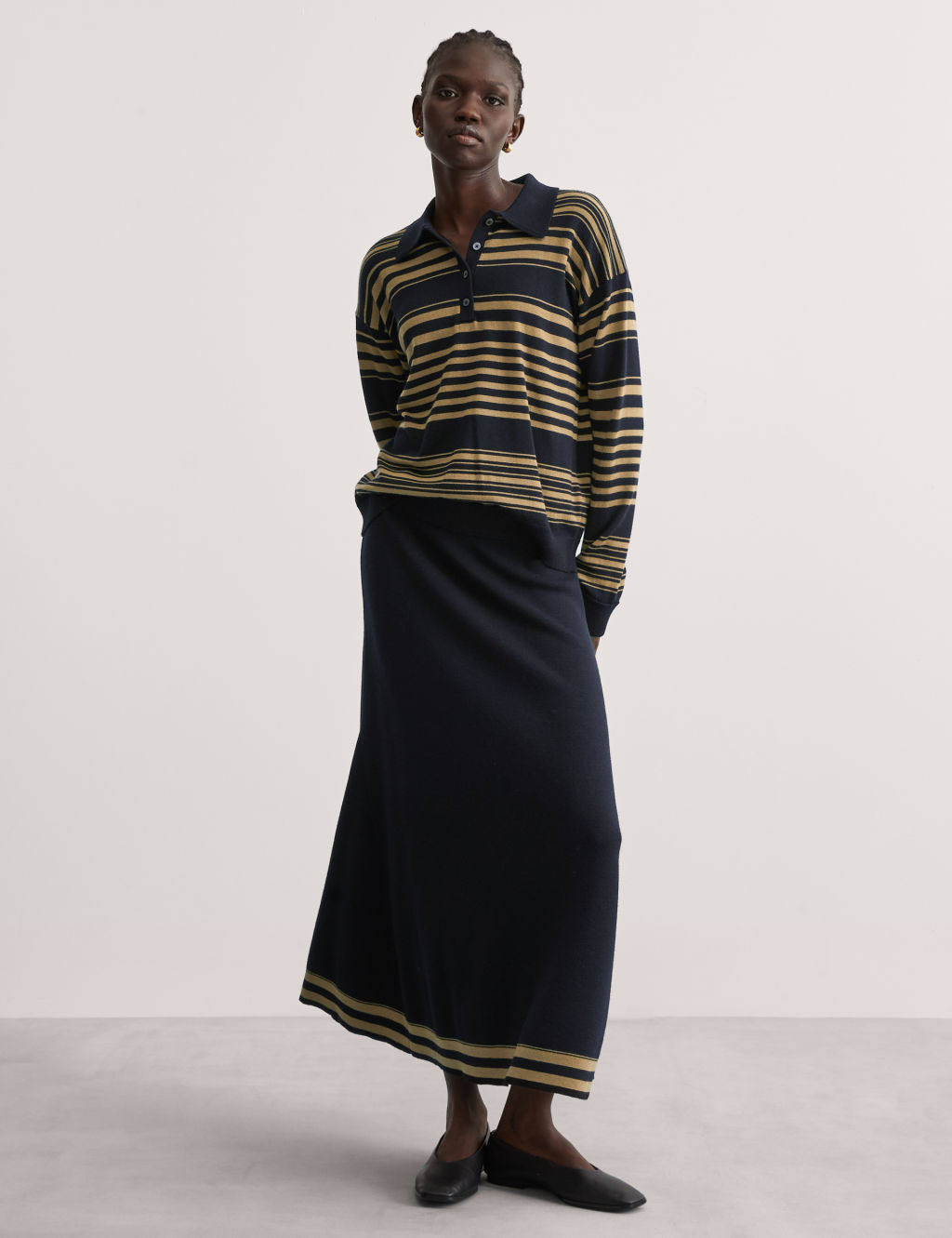 Pure Merino Wool Striped Midi Skater Skirt 4 of 7