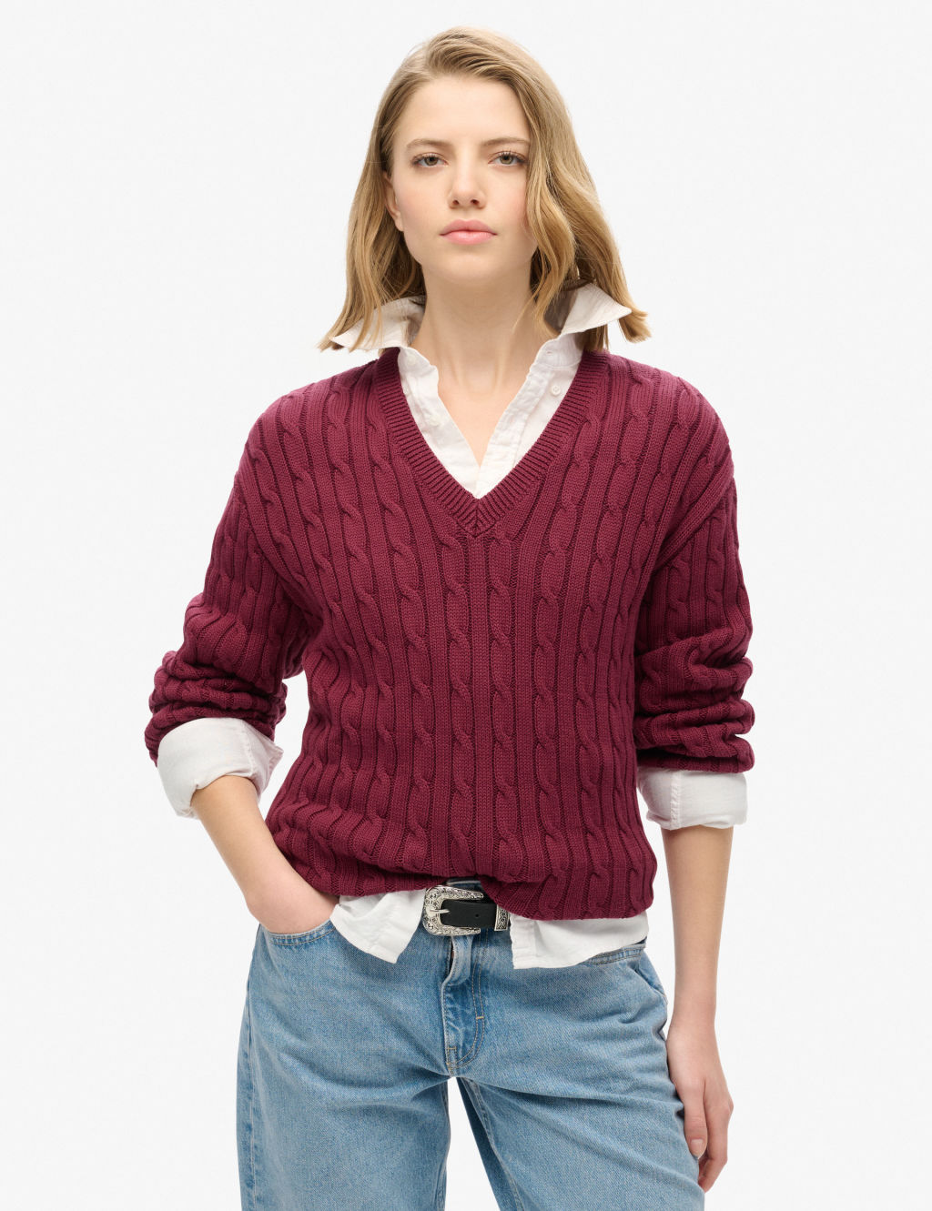 Pure Cotton Cable Knit V-Neck Jumper