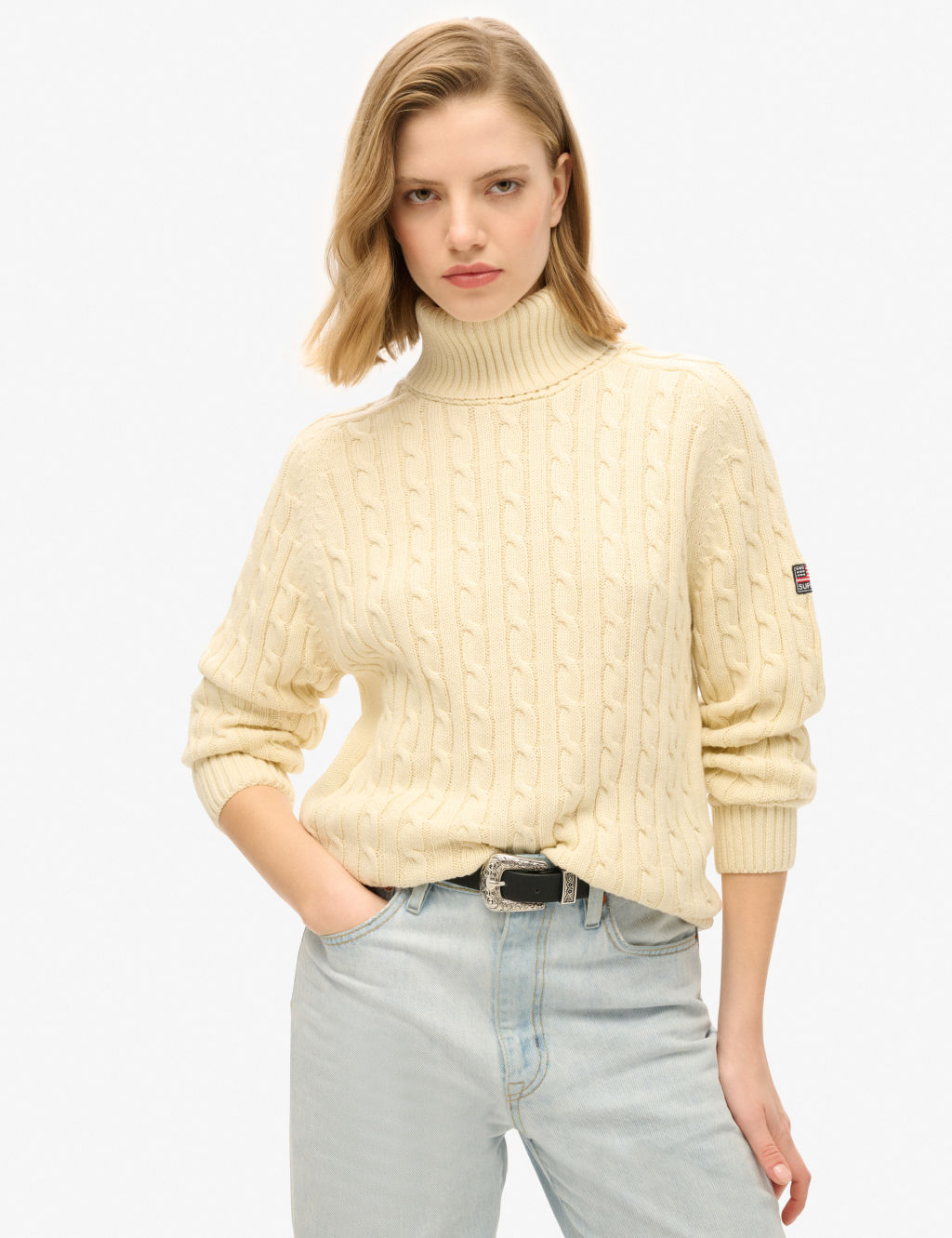 Pure Cotton Cable Knit Roll Neck Jumper