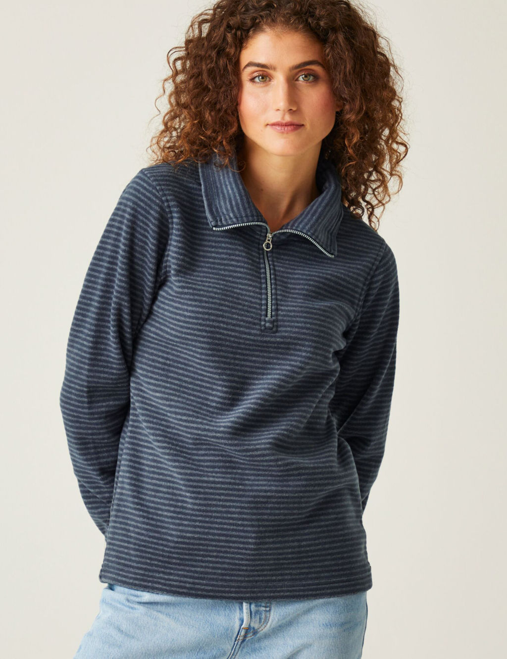 Solenne Striped Funnel Neck Half Zip Fleece
