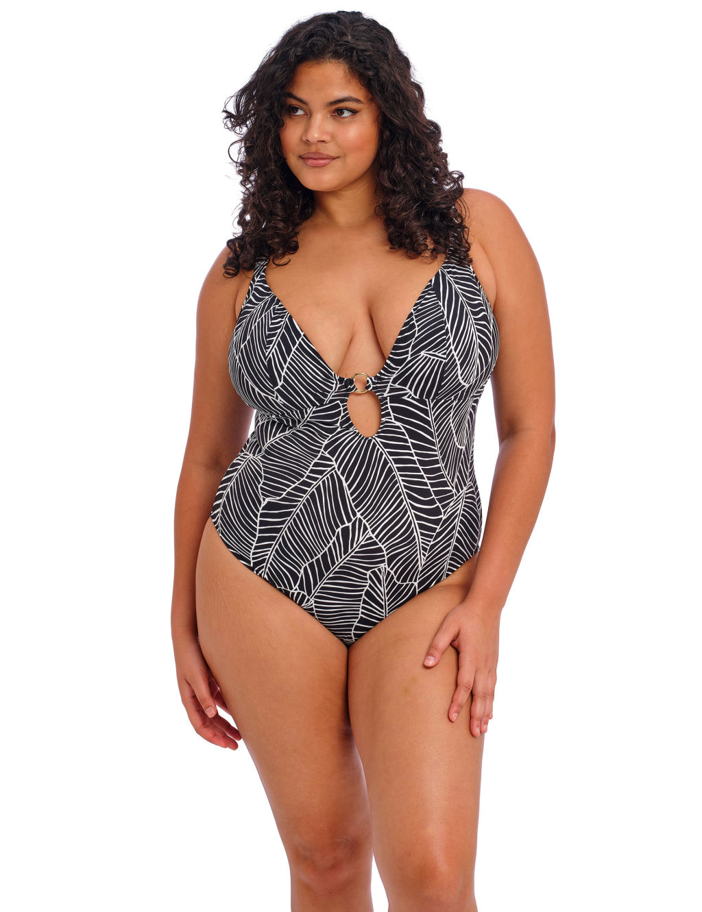 Printed Ring Detail Plunge V-Neck Swimsuit