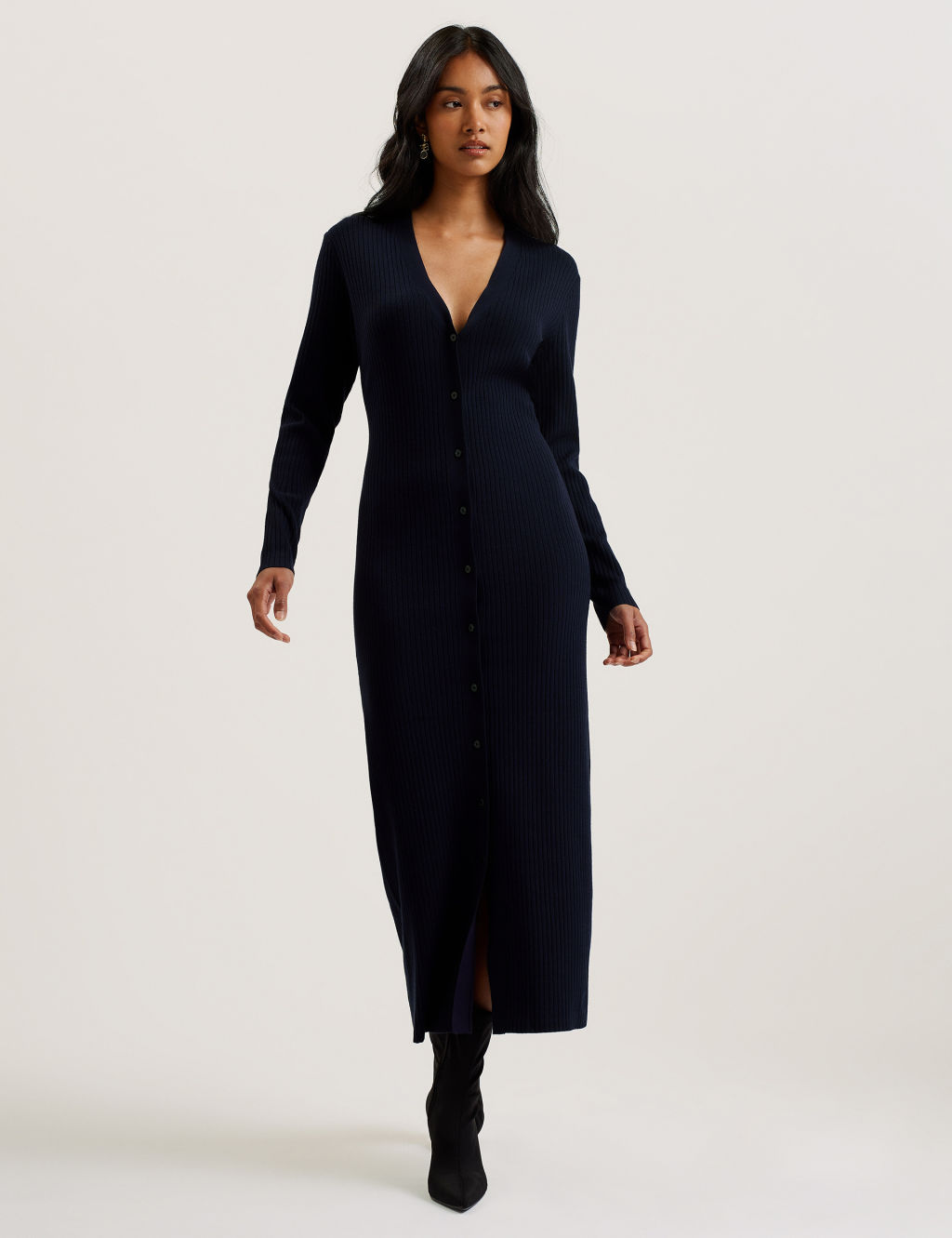 Knitted Ribbed V-Neck Maxi Cardigan