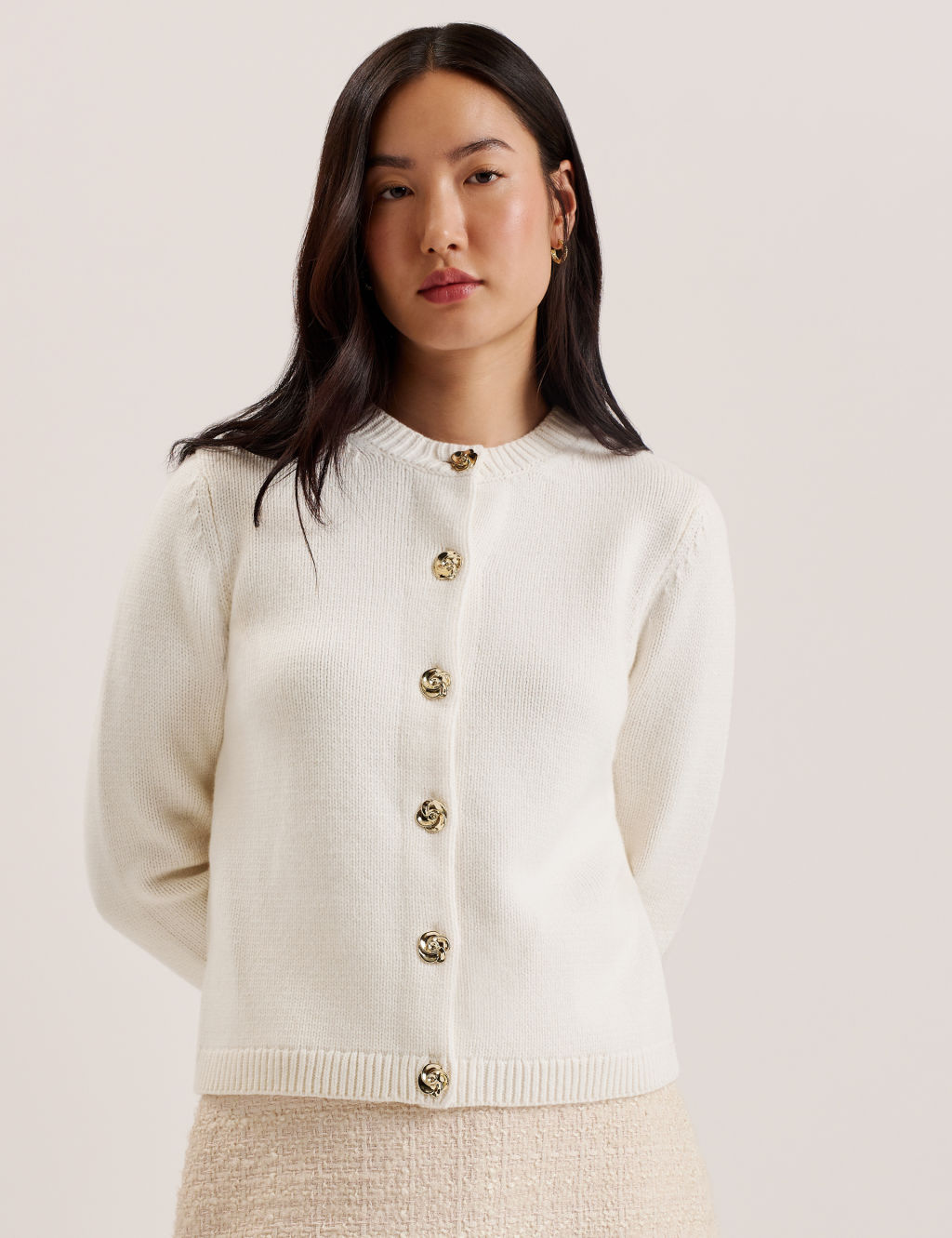 Wool Rich Button Front Cardigan with Cotton