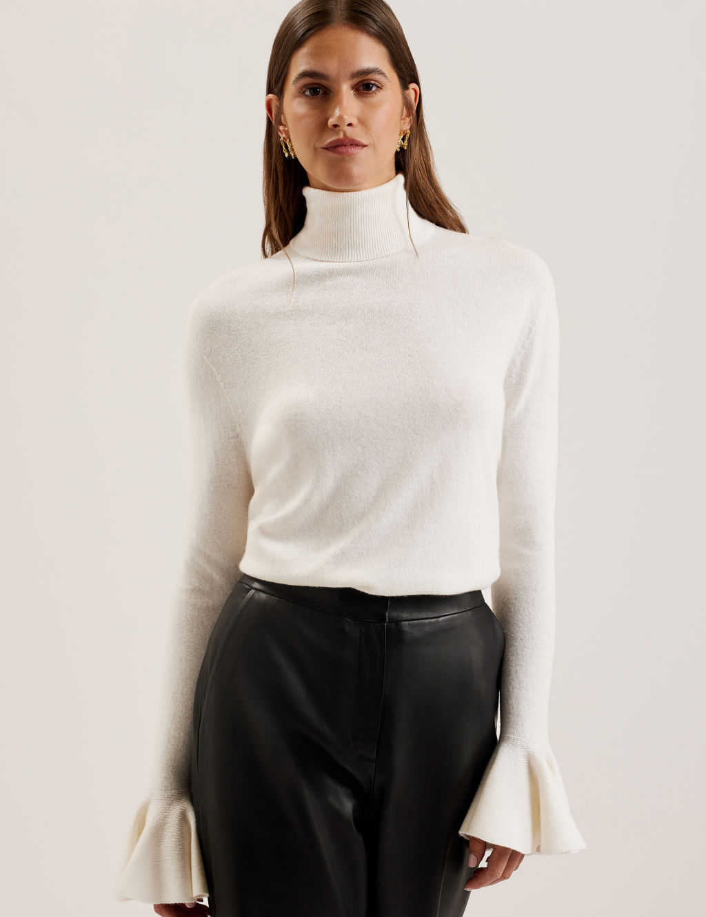 Ribbed Roll Neck Fluted Sleeve Jumper with Cashmere