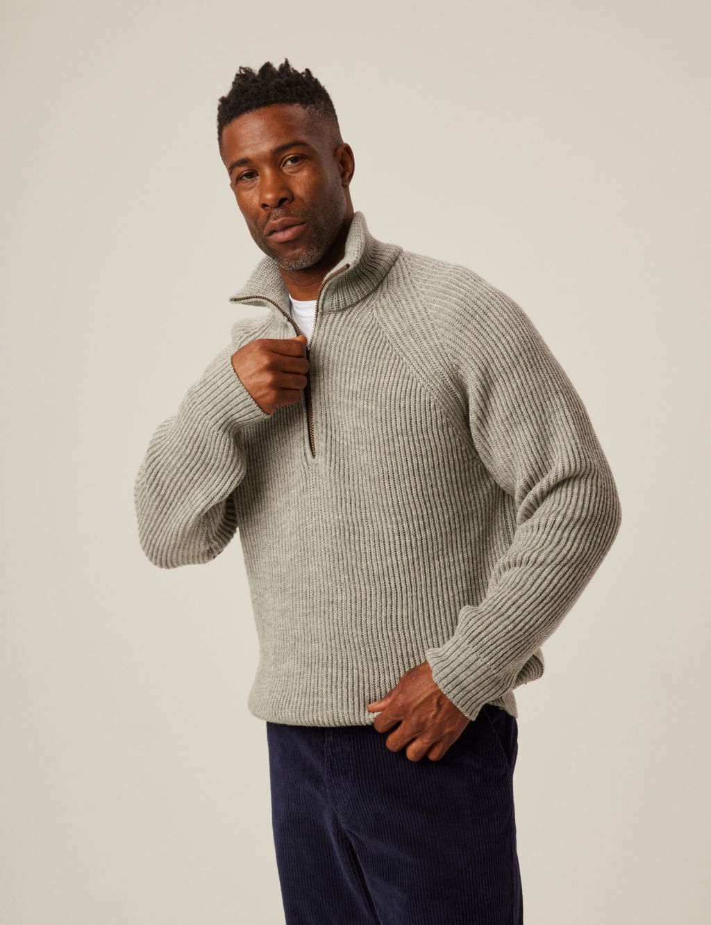 Pure Wool Ribbed Half Zip Jumper