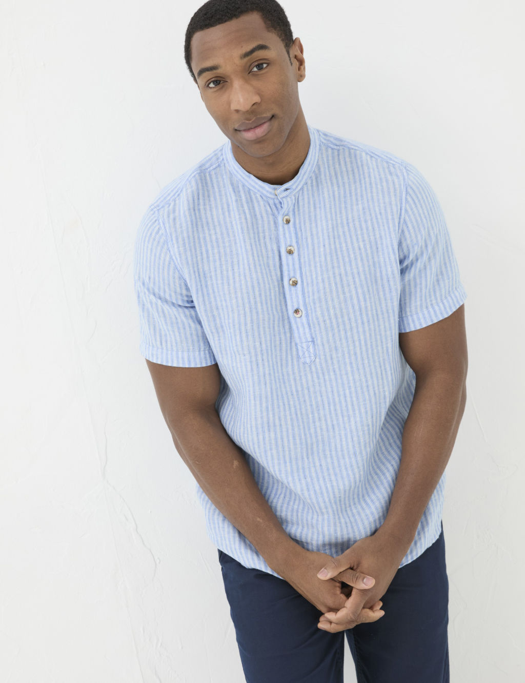 Pure Linen Striped Grandad Collar Shirt