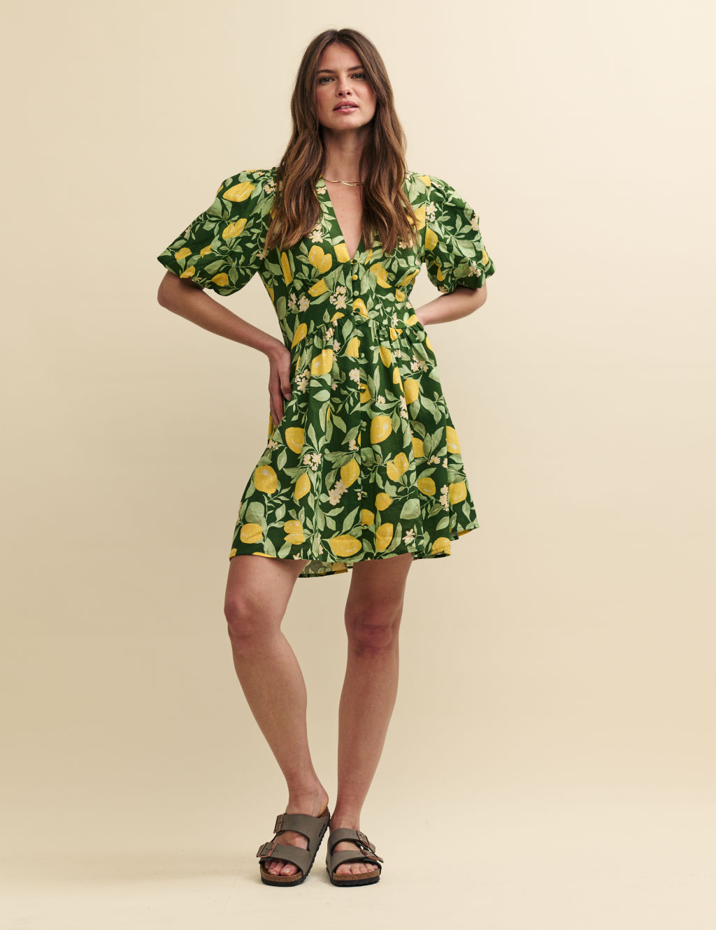 Lyocell Rich Lemon Print V-Neck Mini Dress