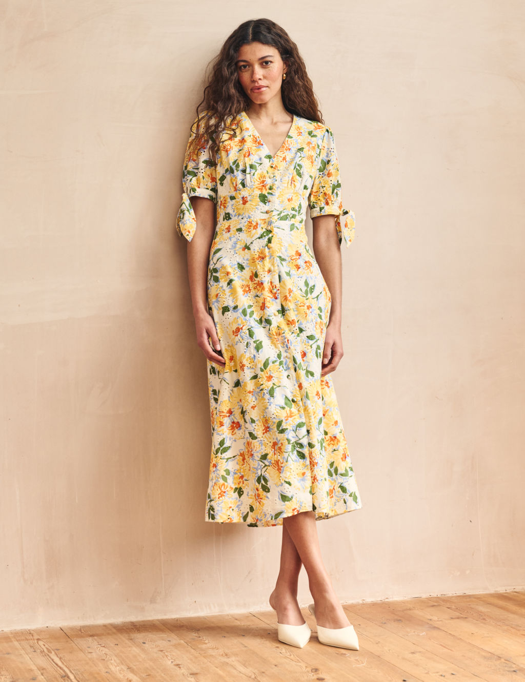 Pure Cotton Floral V-Neck Midi Tea Dress