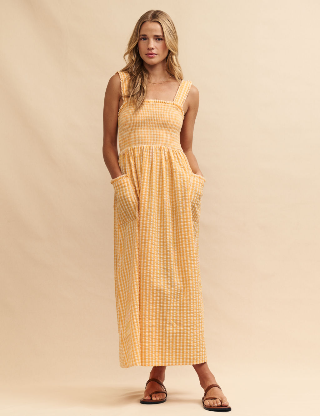 Pure Cotton Gingham Square Neck Midaxi Dress