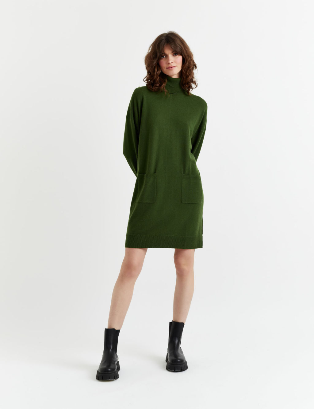 Wool Rich Knitted Roll Neck Mini Dress with Cashmere