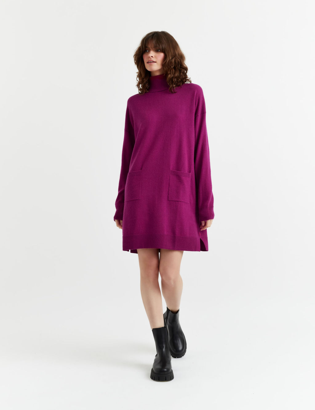 Wool Rich Knitted Roll Neck Mini Dress with Cashmere