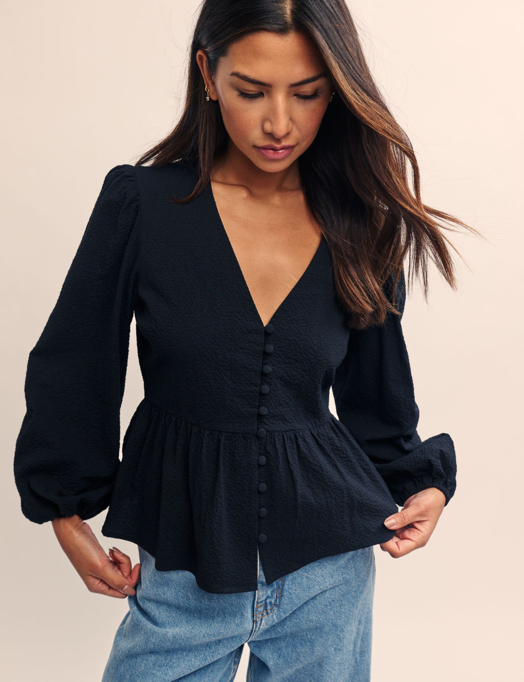 Cotton Blend Button Detail Puff Sleeve Blouse