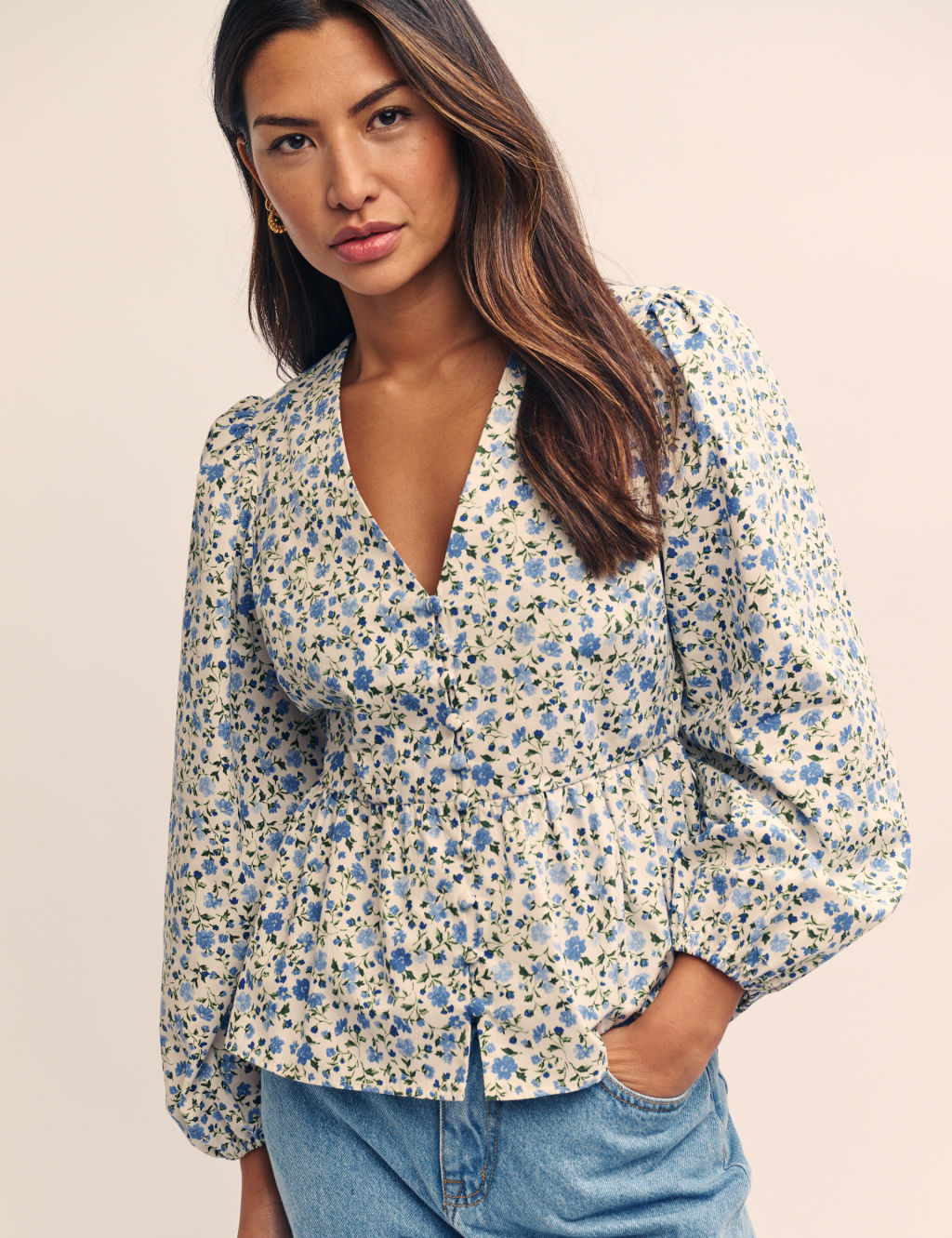 Pure Cotton Floral Blouson Sleeve Blouse