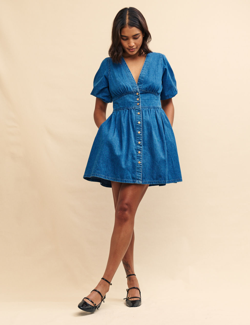 Denim V-Neck Mini Waisted Dress