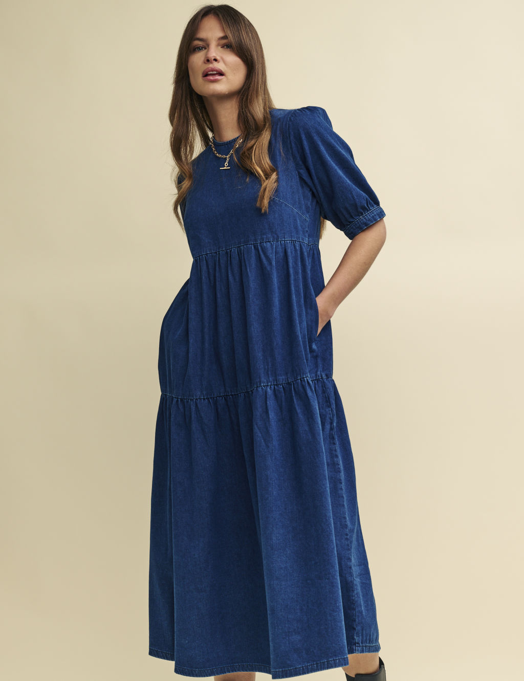 Denim Puff Sleeve Midi Tiered Smock Dress 1 of 5