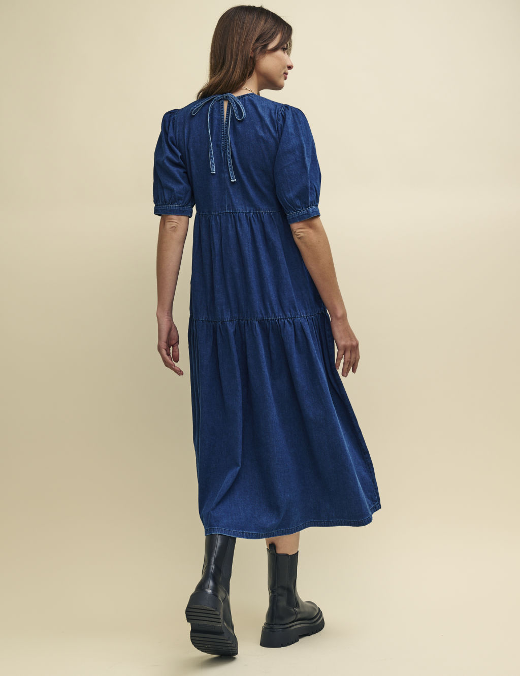 Denim Puff Sleeve Midi Tiered Smock Dress 2 of 5