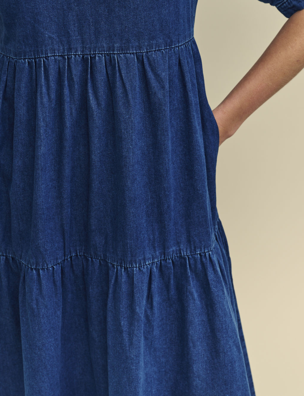 Denim Puff Sleeve Midi Tiered Smock Dress 4 of 5