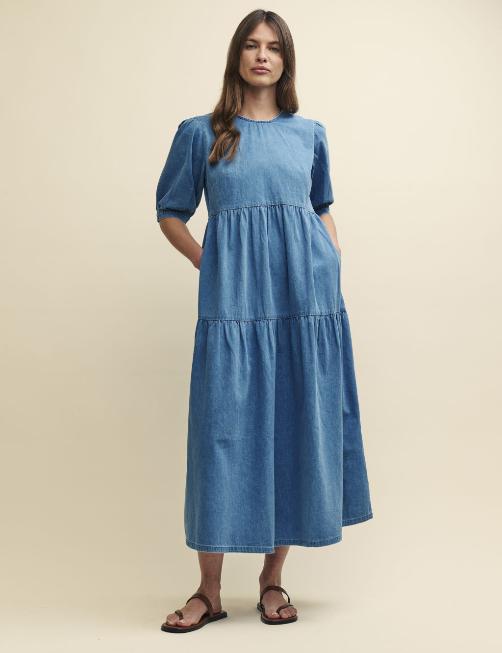 Denim Puff Sleeve Midaxi Tiered Smock Dress