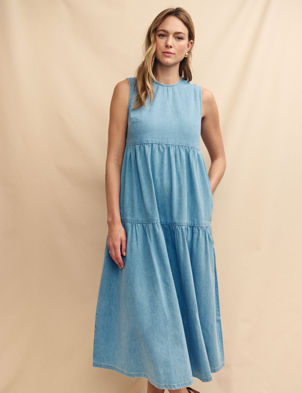 Denim Midi Tiered Dress 1 of 5