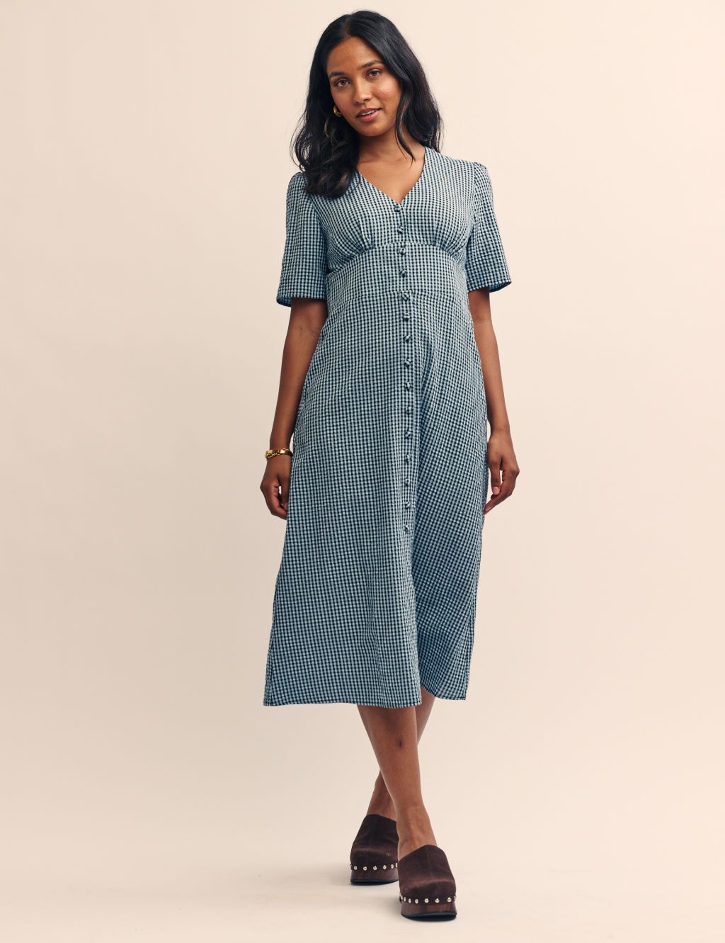 Pure Cotton Checked V-Neck Midi Waisted Dress