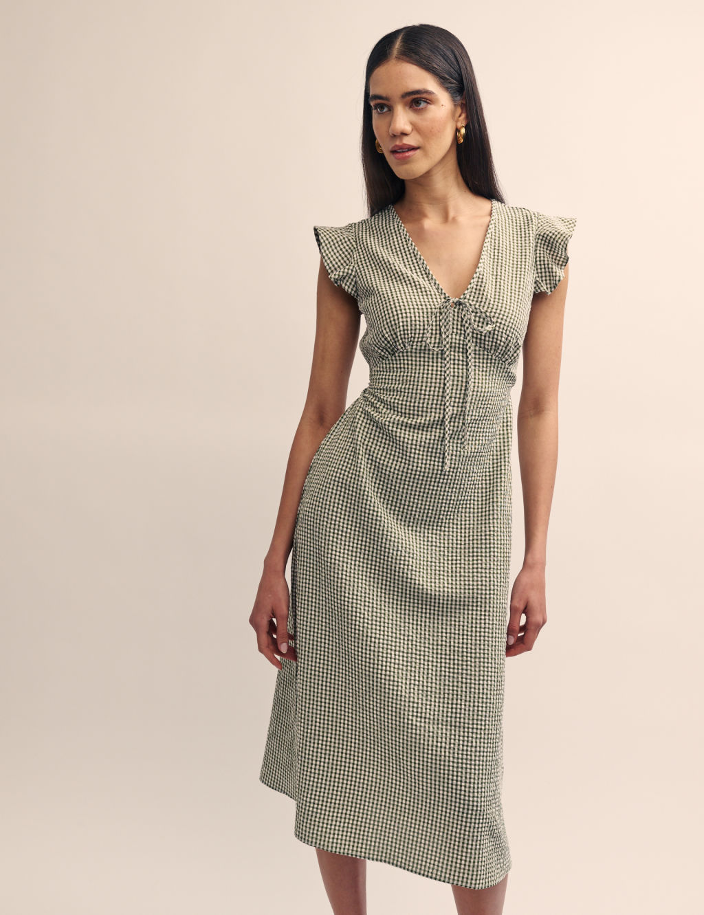 Pure Cotton Gingham Angel Sleeve Midi Dress