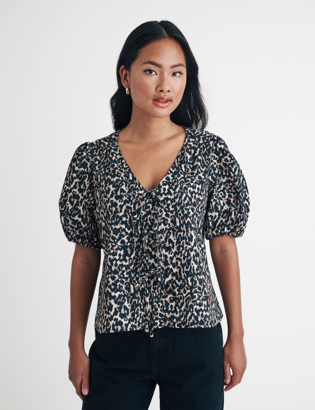 Linen Blend Animal Print Relaxed Blouse