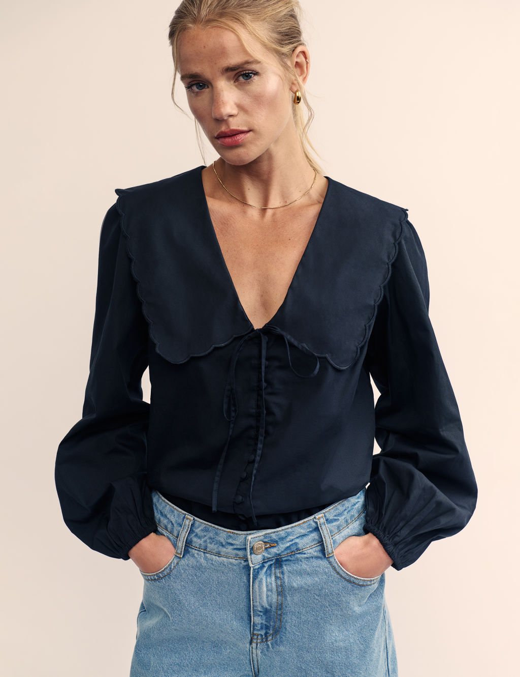 Pure Cotton Collared V-Neck Relaxed Blouse