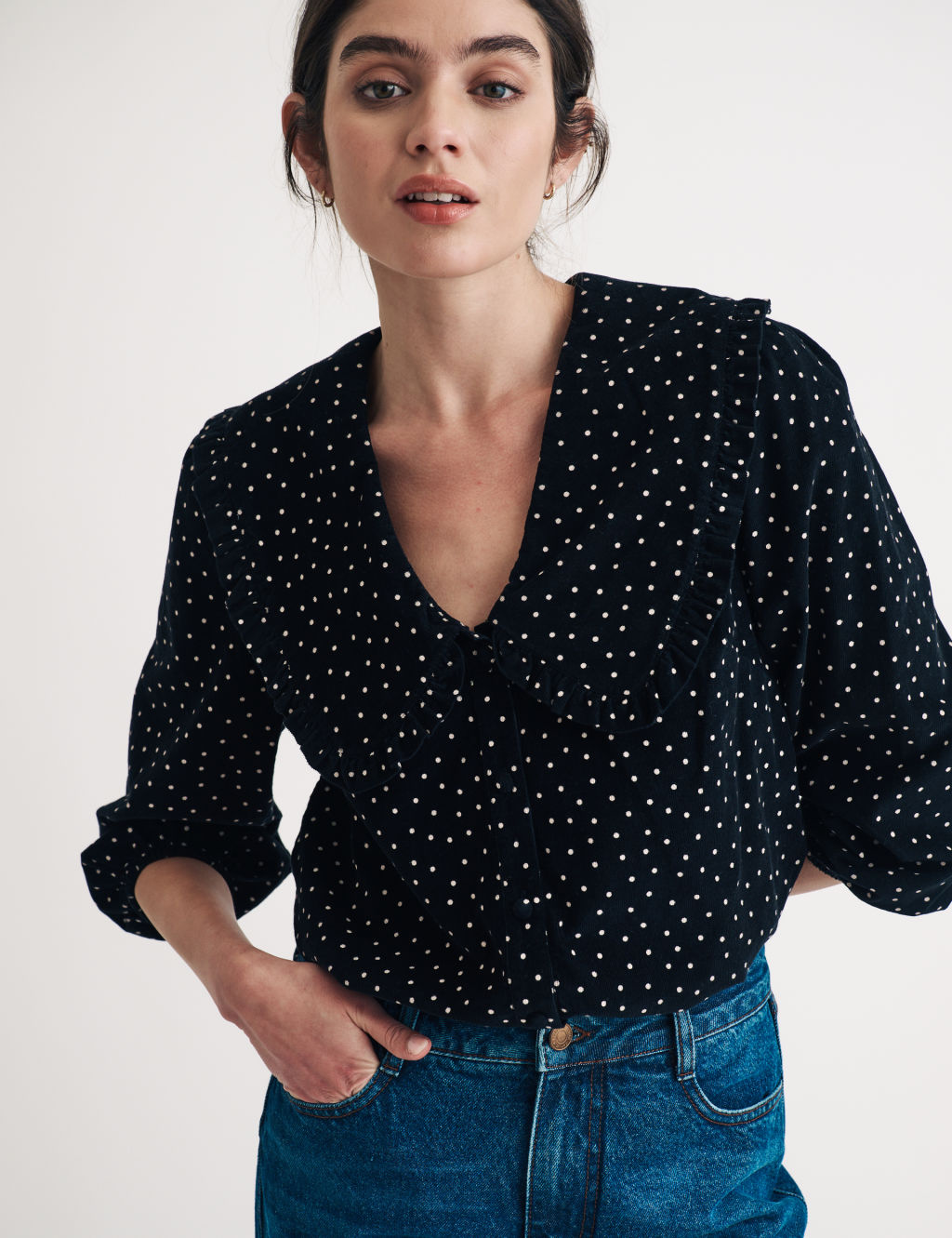 Pure Cotton Polka Dot V-Neck Blouse