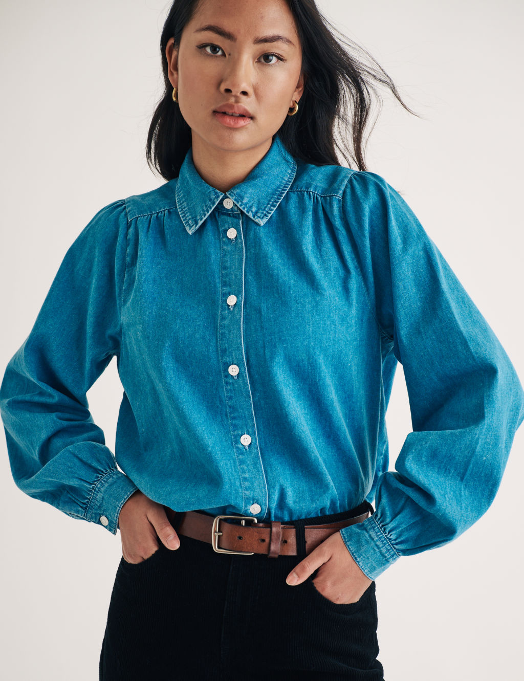 Pure Cotton Denim Collared Relaxed Blouse